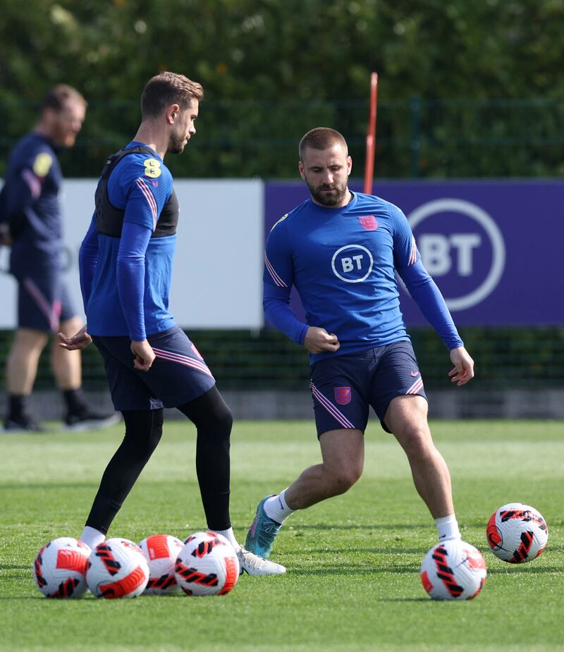England's Jordan Henderson and Luke Shaw during training. Reuters