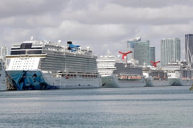 A line of cruise ships are docked at PortMiami in Miami in March this year. Cruise liners are preparing to set sail once more after being confined to docks during the coronavirus pandemic, but some passengers remain wary of their ability to maintain social distancing guidelines. AP Photo