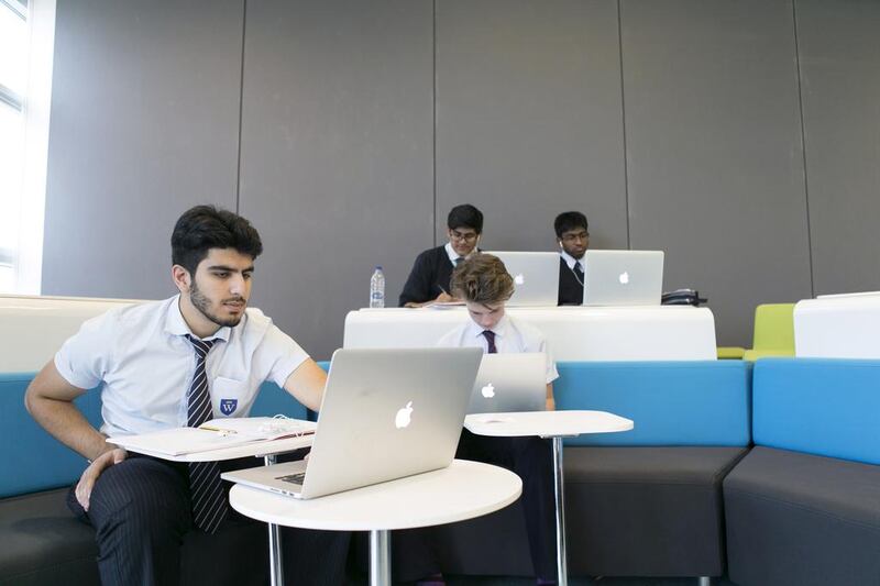 Gems Wellington Academy has converted classrooms into a “blended learning plaza”, which provides a flexible environment for pupils to learn. Reem Mohammed / The National