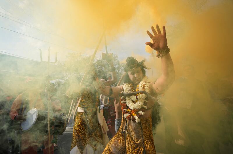 A devotee dressed as Hindu god Shiva participates in a procession on the eve of Shivratri festival, in Jammu, India. AP Photo