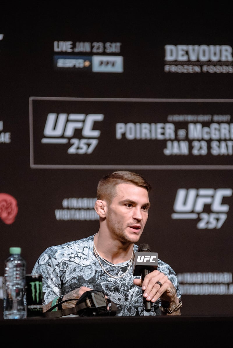 Dustin Poirier at the UFC 257 press conference event inside Etihad Arena on UFC Fight Island on January 21, 2021 in Yas Island, Abu Dhabi. Courtesy DCT
