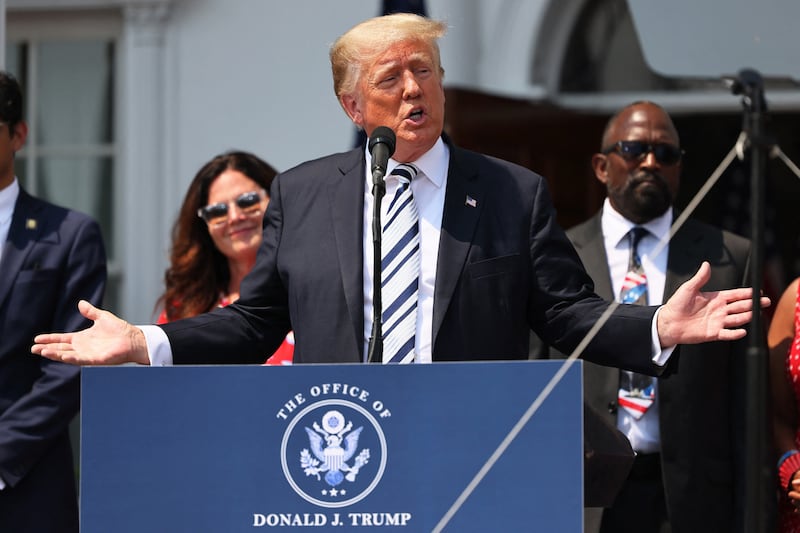 Donald Trump at a press conference announcing a class action lawsuit against big tech companies at the Trump National Golf Club Bedminster, New Jersey on July 7, 2021. AFP