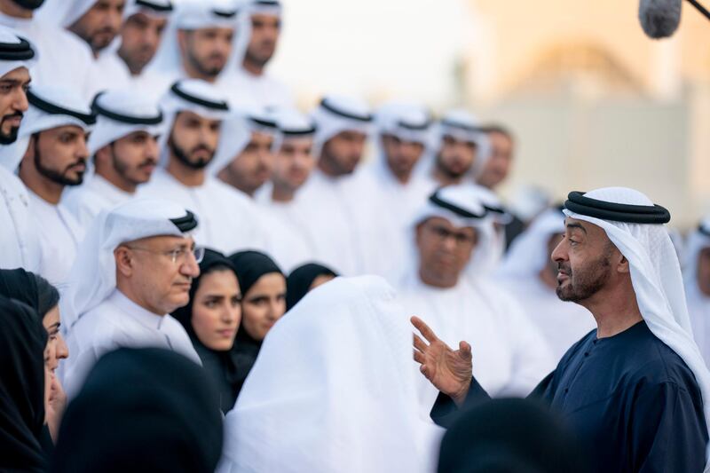 ABU DHABI, UNITED ARAB EMIRATES - January 06, 2020: HH Sheikh Mohamed bin Zayed Al Nahyan, Crown Prince of Abu Dhabi and Deputy Supreme Commander of the UAE Armed Forces (R), speaks with members of Aqdar World Summit, during a Sea Palace barza. 

( Rashed Al Mansoori / Ministry of Presidential Affairs )
---