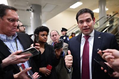 US Senator Marco Rubio (R-FL) talks to the media as he leaves after voting in the impeachment trial of the US president on Capitol Hill January 31, 2020, in Washington, DC.  The Senate voted 51-49 along party lines to turn back Democrat efforts to call former White House national security advisor and other Trump aides to testify. / AFP / Mandel NGAN
