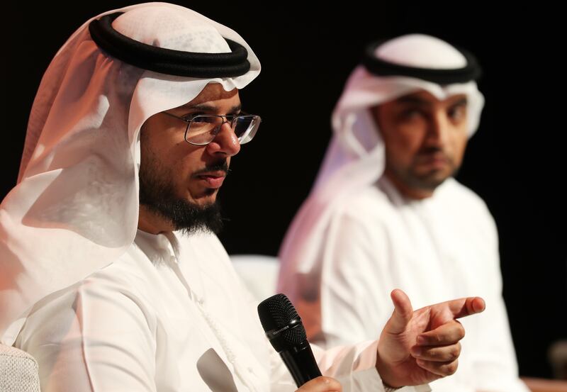 Mohsen Al Awadhi (L), director of space missions department at the UAE space agency and Zakareya Al Shamsi, deputy project director for operations of the Mars mission. Chris Whiteoak / The National