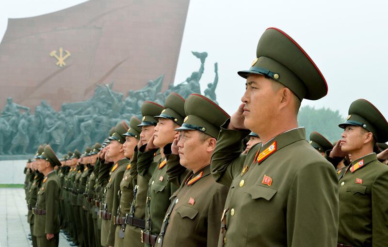 North Korean soldiers salute at Mansudae hill in Pyongyang, North Korea, in this photo taken by Kyodo, September 9, 2017 on the 69th founding anniversary of the country. Mandatory credit Kyodo/via REUTERS ATTENTION EDITORS - THIS IMAGE WAS PROVIDED BY A THIRD PARTY. MANDATORY CREDIT. JAPAN OUT. NO COMMERCIAL OR EDITORIAL SALES IN JAPAN.COMMERCIAL OR EDITORIAL SALES IN JAPAN.     TPX IMAGES OF THE DAY