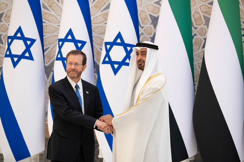 Sheikh Mohamed bin Zayed with Isaac Herzog. Mohamed Al Hammadi / Ministry of Presidential Affairs