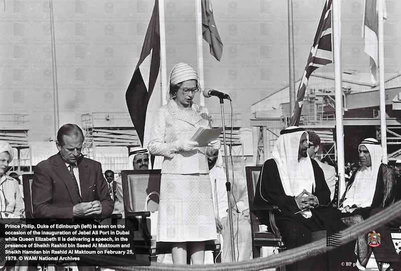 Queen Elizabeth delivers a speech in the presence of Sheikh Rashid bin Saeed, Sheikh Hamdan bin Rashid and Prince Philip on February 25, 1979. National Archives