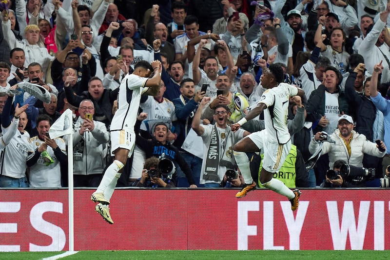 Rodrygo celebrates scoring Real Madrid's second goal with teammate Vinicius Junior. Getty Images