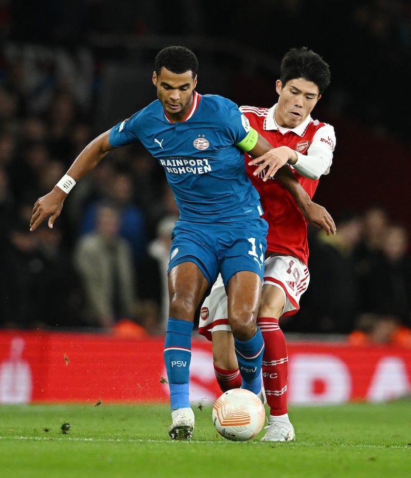 PSV Eindhoven's Cody Gakpo in action against Arsenal's Takehiro Tomiyasu in the Europa League in October. Reuters