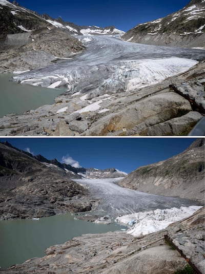 (Top) the Rhone Glacier, near Gletsch, with a part covered with insulating foam to prevent it from melting due to global warming, on July 14, 2015 and (bottom) the same location on July 8, 2022. AFP