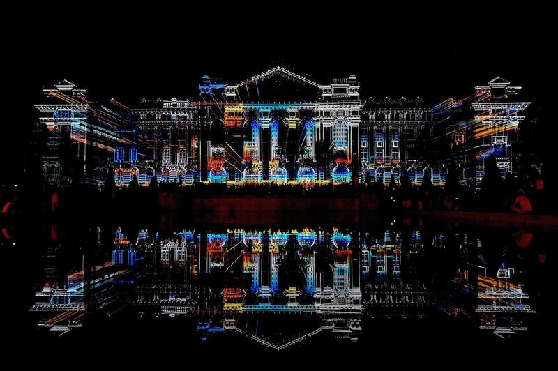 A 3D light animation is projected by the Limelight Projection Mapping International Light Art Group onto the facede of the University of Debrecen during the Night of Lights in Debrecen, Hungary.  EPA