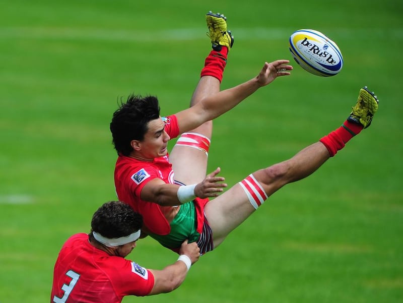 Vidinha Antonio of Portugal, right, challenges for the aerial ball during Day One of the 2016 Rugby Europe Men’s Sevens Championships at Sandy Park in Exeter, England. Harry Trump / Getty Images