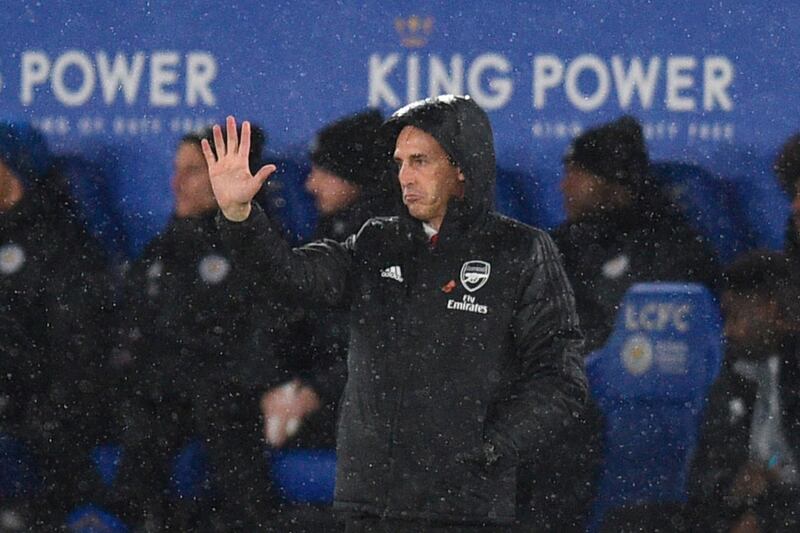 Arsenal's Spanish head coach Unai Emery gestures on the touchline during the English Premier League football match between Leicester City and Arsenal at King Power Stadium in Leicester, central England on November 9, 2019. RESTRICTED TO EDITORIAL USE. No use with unauthorized audio, video, data, fixture lists, club/league logos or 'live' services. Online in-match use limited to 120 images. An additional 40 images may be used in extra time. No video emulation. Social media in-match use limited to 120 images. An additional 40 images may be used in extra time. No use in betting publications, games or single club/league/player publications.
 / AFP / Oli SCARFF                           / RESTRICTED TO EDITORIAL USE. No use with unauthorized audio, video, data, fixture lists, club/league logos or 'live' services. Online in-match use limited to 120 images. An additional 40 images may be used in extra time. No video emulation. Social media in-match use limited to 120 images. An additional 40 images may be used in extra time. No use in betting publications, games or single club/league/player publications.
