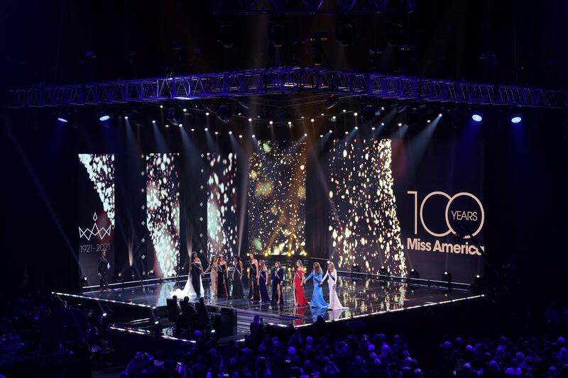 Contestants stand on stage during the Miss America pagean. Reuters