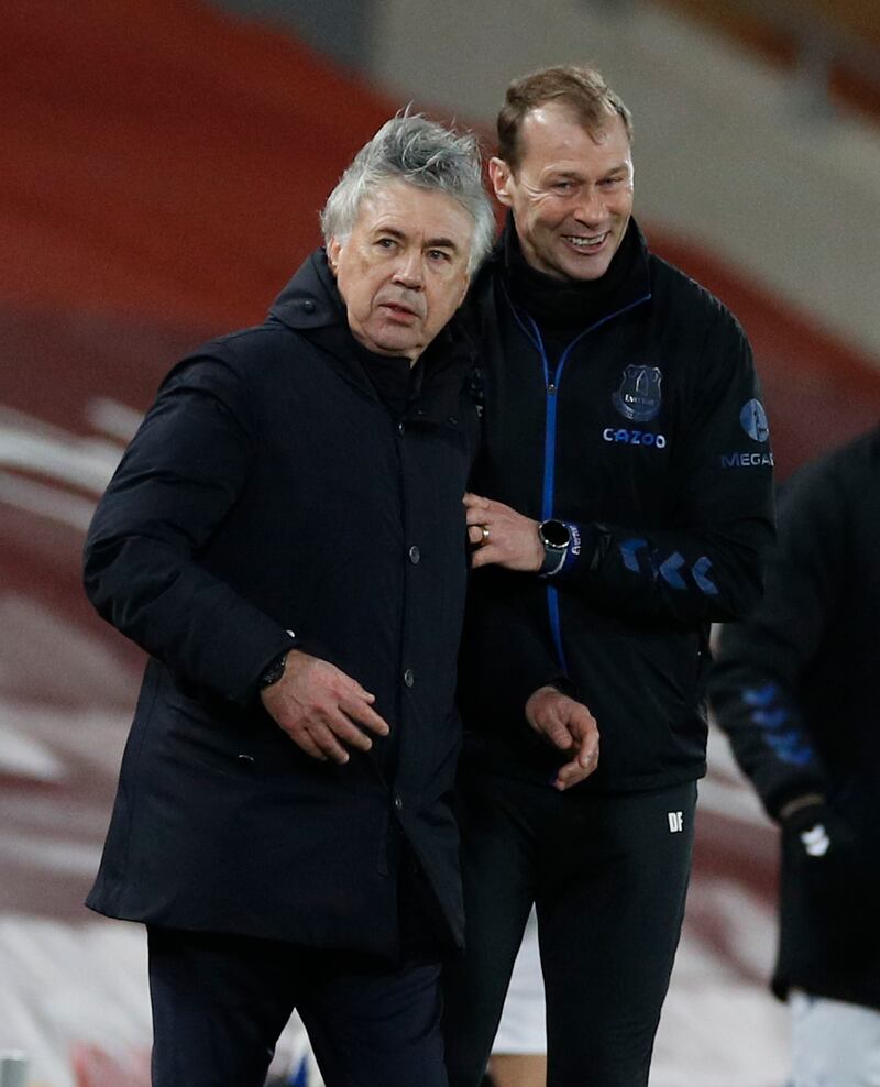 Everton manager Carlo Ancelotti and assistant Duncan Ferguson at the final whistle. AP