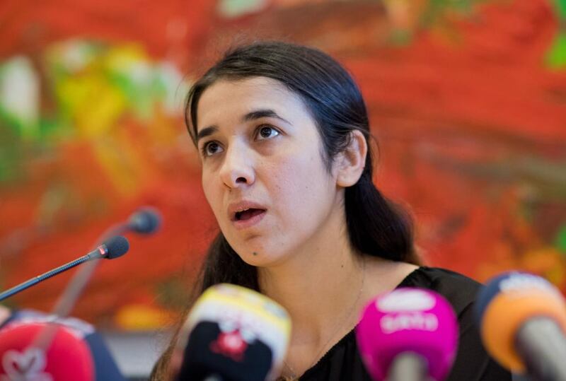Nadia Murad Bansee Taha, a Yazidi woman from Iraq who was trafficked as a sex slave to ISIL militants,  speaking at the state parliament in Hanover, Germany  on May 31, 2016.  She was appointed goodwill ambassador for the Dignity of Survivors of Human Trafficking by the UN office on drugs and crime (UNODC) on September 16, 2016 , the first time a survivor of atrocities is bestowed with this distinction.  Julian Stratenschulte / EPA