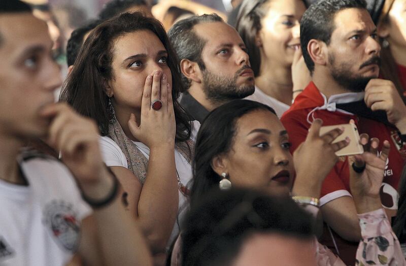 Dubai, June, 15, 2018:  Egyptian fans react after losing against Uruguay in the World Cup in Dubai. Satish Kumar for the National