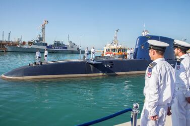 The INS Rahav, the fifth Israeli Navy submarine, arrives at the military port of Haifa on January 12, 2016. AFP