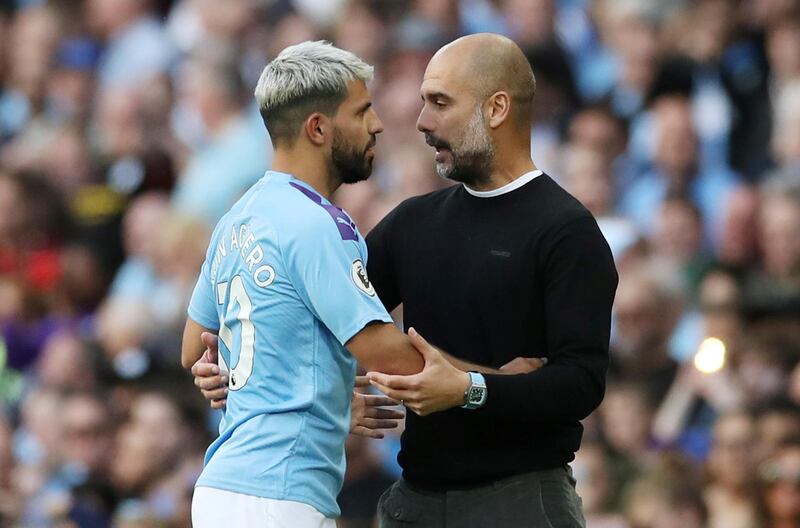 Soccer Football - Premier League - Manchester City v Tottenham Hotspur - Etihad Stadium, Manchester, Britain Manchester City manager Pep Guardiola talks with Sergio Aguero Action Images via Reuters