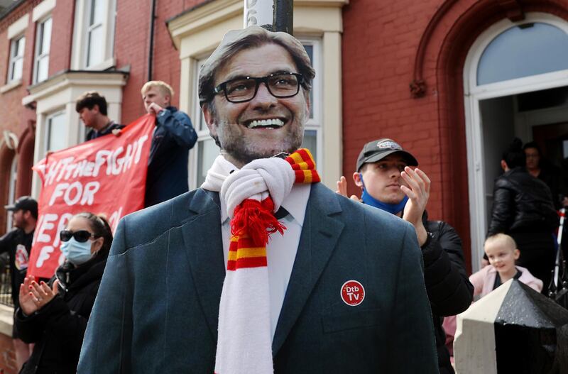 A cardboard cutout of manager Jurgen Klopp at a protest by Liverpool fans against their club owners in Anfield on Saturday, April 24, 2021. Reuters