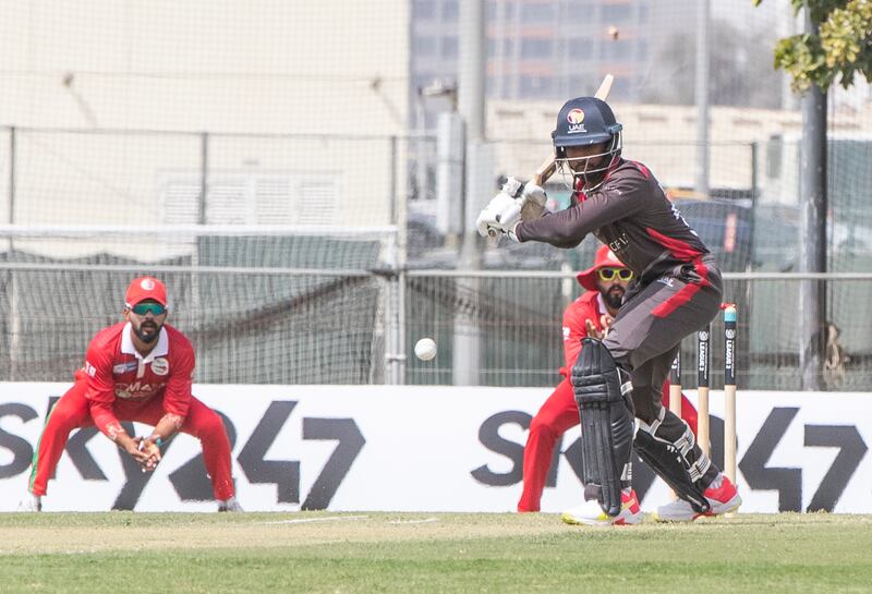 Viriitya Aravind bats for the UAE against Oman during the Cricket World Cup League 2 match at the ICC Academy in Dubai. 