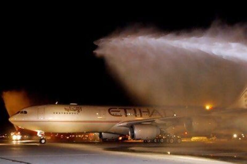Etihad Airway launched its new service to the Tripoli on Tuesday with a business delegation on board the inaugural flight. Etihad Airways / Ray Stubblebine / Reuters