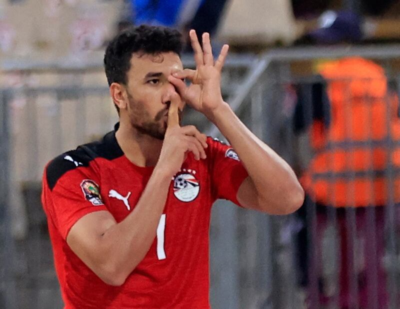 Trezeguet celebrates scoring Egypt's second goal in their 2-1 Africa Cup of Nations quarter-final win over Morocco on Sunday, January 30, 2022. Reuters