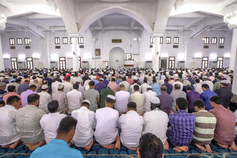 Abu Dhabi, United Arab Emirates, August 11, 2019.  Eid prayers at Zayed The 2nd Mosque. --  During Eid prayers.
Victor Besa/The National
Section:  NA
Reporter: Haneen Dajani