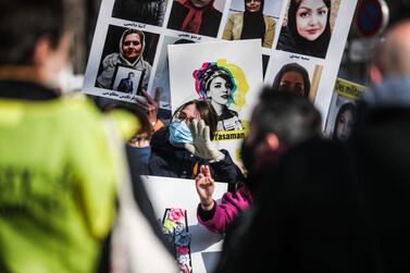 Activists join a solidarity protest for Iranian human rights activist Yasaman Aryani and other activists in jail, near the Iranian embassy in Paris, France. EPA