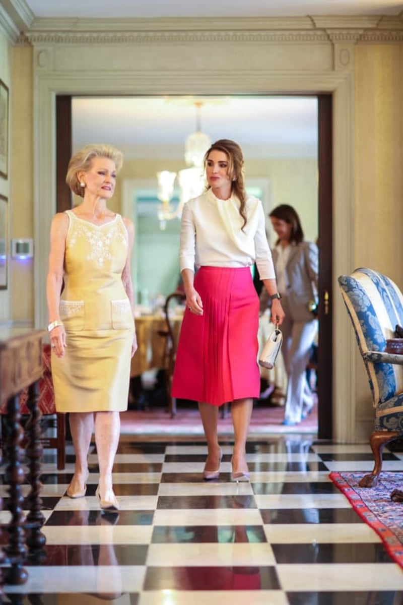 Queen Rania, in a pink Valentino skirt with an ivory Celine blouse, attends a lunch hosted by Grace Nelson, wife of Nasa Administrator and former Senator Bill Nelson, in Washington DC on Tuesday, July 20.