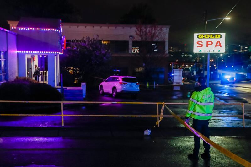epa09078992 Atlanta Police Department officers investigate the scene of a shooting outside a spa on Piedmont Road in Atlanta, Georgia, USA. At least eight people were reported dead following a string of shootings at three metro Atlanta massage parlors. EPA