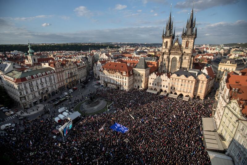 Thousands of demonstrators gather at Prague's Old Town Square to protest against Czech Prime Minister Andrej Babis and new Minister of Justice. EPA