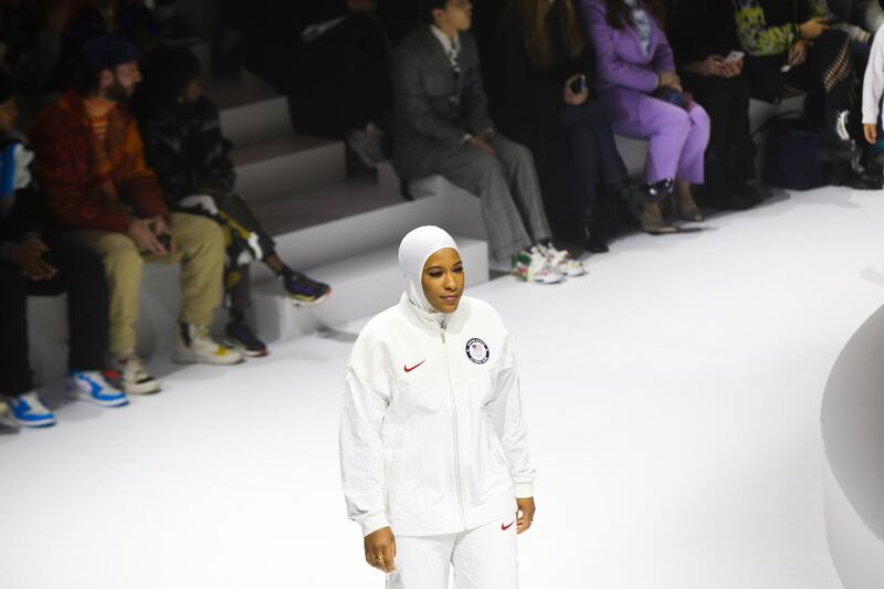 NEW YORK, NEW YORK - FEBRUARY 05: US Olympic Sabre Fencer Ibtihaj Muhammad walks the runway during the 2020 Tokyo Olympic collection fashion show at The Shed on February 05, 2020 in New York City.   Bennett Raglin/Getty Images/AFP
== FOR NEWSPAPERS, INTERNET, TELCOS & TELEVISION USE ONLY ==
