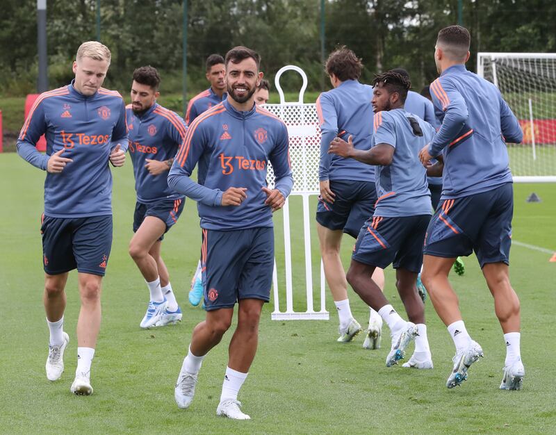 Bruno Fernandes of Manchester United in action during a first team training session at Carrington.