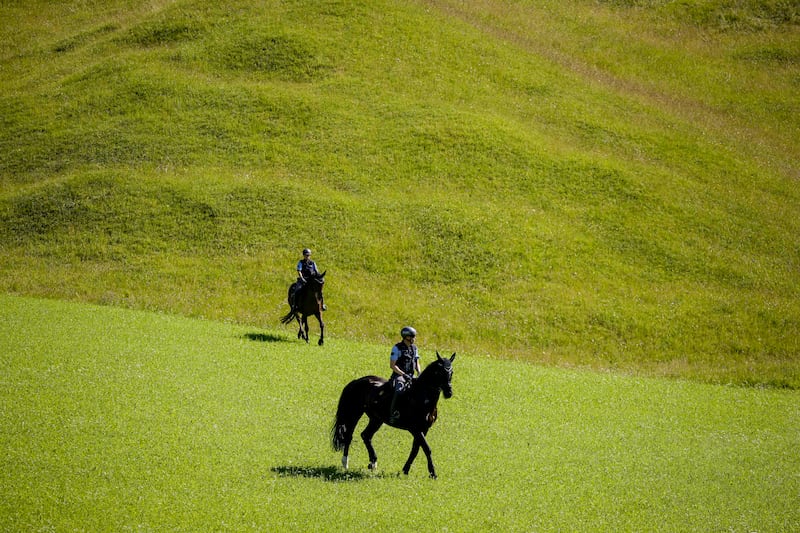 Horseback police patrol at Elmau Castle in Bavaria. EPA