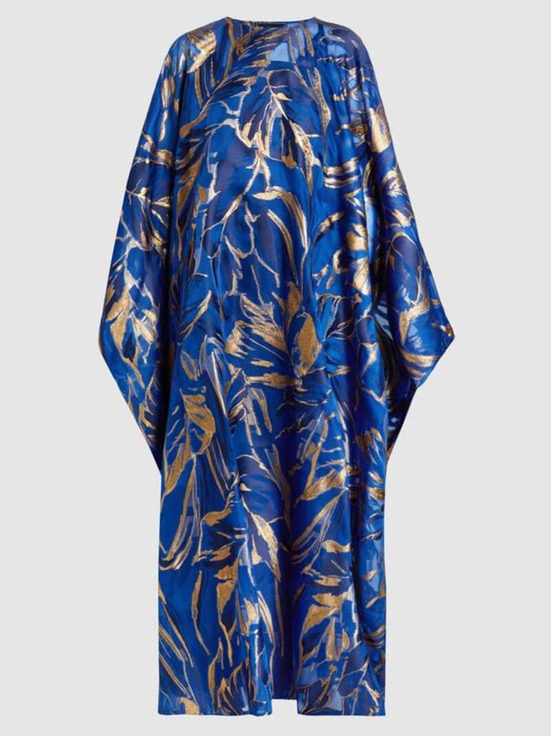 Blue by night: foil-print georgette kaftan gown by Taller Marmo; Dh5,045. Courtesy The Modist