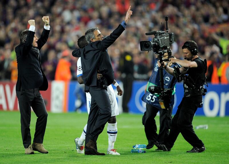 BARCELONA, SPAIN - APRIL 28: Inter Milan manager Jose Mourinho celebrates after the UEFA Champions League Semi Final Second Leg match between Barcelona and Inter Milan at Camp Nou on April 28, 2010 in Barcelona, Spain.  (Photo by Michael Regan/Getty Images)