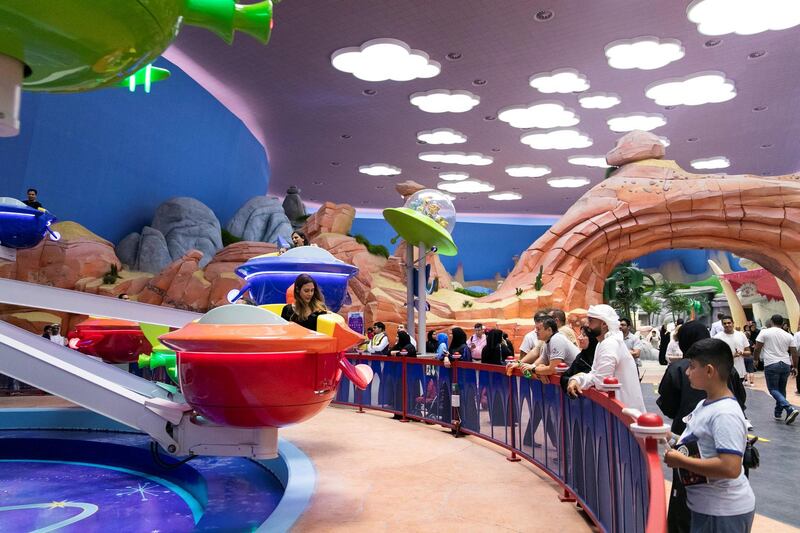 ABU DHABI, UNITED ARAB EMIRATES - JULY 24, 2018. 

The Jetsons Cosmic Orbiter ride at Dynamite Gulch land in Warner Bros World Abu Dhabi.

Almost 15,000 tickets for Warner Bros World Abu Dhabi have been sold ahead of opening to the public on Wednesday.


(Photo by Reem Mohammed/The National)

Reporter: 
Section: NA + AL