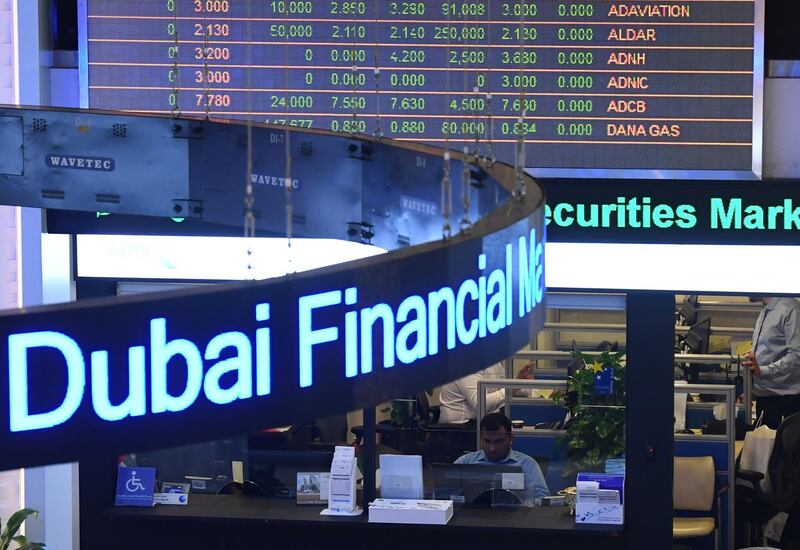 A photo taken on January 6, 2020 shows the Dubai Financial Market in the Gulf emirate as Gulf bourses were hit by a panicky sell-off amid Iranian vows of retaliation over the US killing of a top general. All seven bourses in the Gulf Cooperation Council (GCC) states closed in the red, on the first trading day since the death of powerful military commander Qasem Soleimani. / AFP / Karim SAHIB
