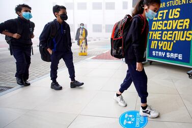 Abu Dhabi, United Arab Emirates, February 14, 2021. Pupils return to Abu Dhabi's private schools. GEMS United Indian School – Abu Dhabi. A few students arrive in spite of the foggy conditions. Victor Besa/The National Section: NA Reporter: Anam Rizvi