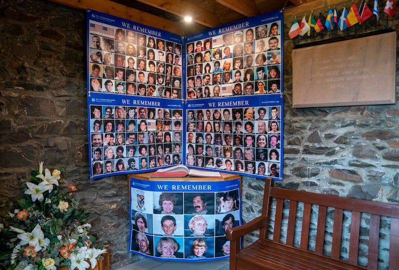 Portraits of some of the victims in the Remembrance Room in the grounds of Tundergarth Church, where the service was held