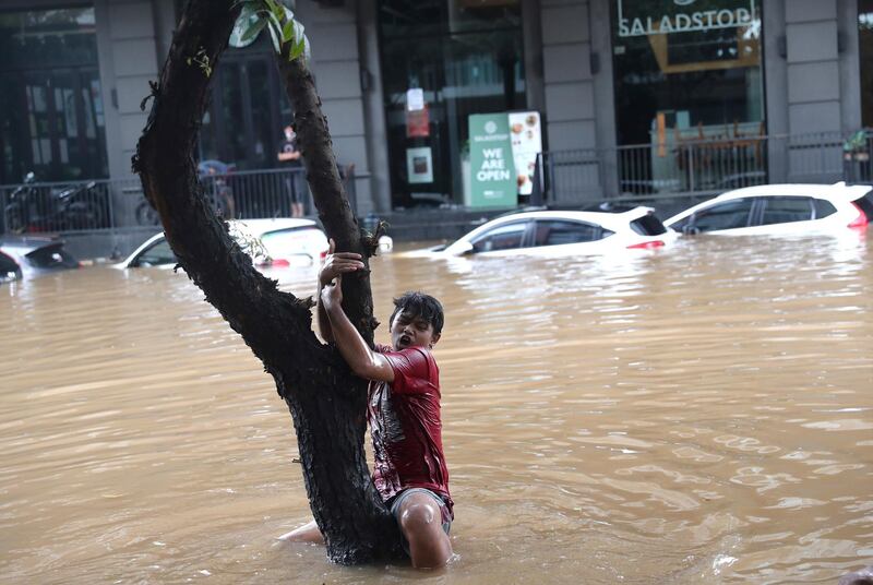 A man clings to a tree to avoid being swept away by flood water, following heavy rains in Jakarta, Indonesia. AP Photo