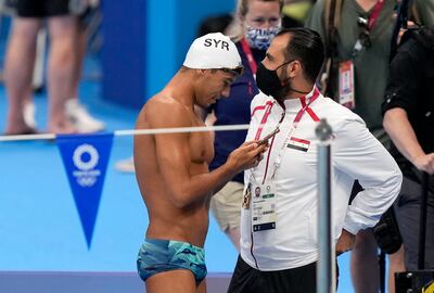 Syrian swimmer Alaa Maso of the refugee Olympics team trains at the Tokyo Aquatics Centre. AP