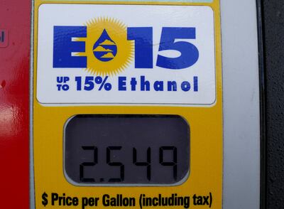 A gas pump displays the price for E15, a gasoline with 15 percent of ethanol, at a gas station in Nevada, Iowa, US. Reuters