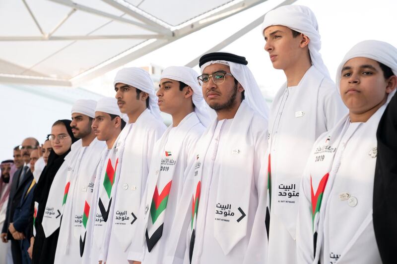 ABU DHABI, UNITED ARAB EMIRATES - December 16, 2019: Members of 'Journey of the Union' initiative, attend a Sea Palace barza.

( Ryan Carter for the Ministry of Presidential Affairs )
---