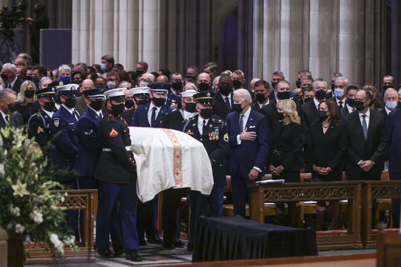 US President Joe Biden, the first lady, Jill Biden, Vice President Kamala Harris and the second gentleman, Doug Emhoff, attend the funeral service. AFP