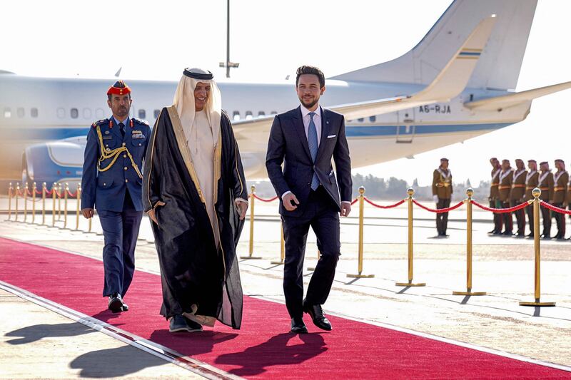 Sheikh Saud and Prince Hussein in Amman ahead of the conference. AFP