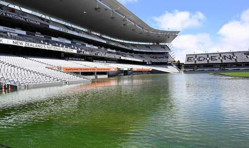 Flooded grounds after a storm at Eden Park in Auckland, New Zealand. Reuters

