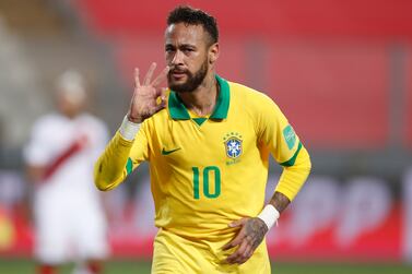 LIMA, PERU - OCTOBER 13: Neymar Jr. of Brazil celebrates after scoring the fourth goal of his team during a match between Peru and Brazil as part of South American Qualifiers for Qatar 2022 at Estadio Nacional de Lima on October 13, 2020 in Lima, Peru. (Photo by Paolo Aguilar-Pool/Getty Images)